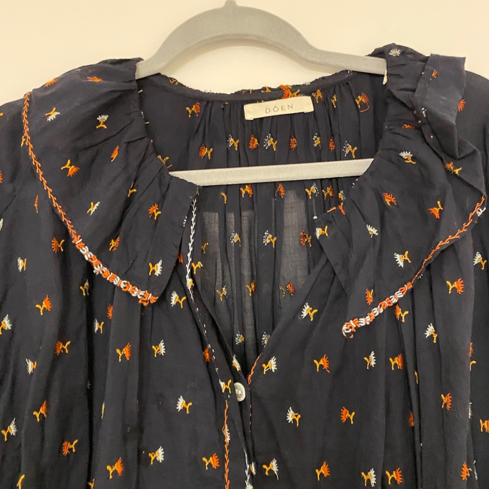 DÔEN navy Ethel Ruffled Embroidered Organic Cotton-Voile Blouse